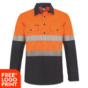 Mens Hi Vis Half Placket Cotton Drill Shirt  Semi Gusset Sleeves CSR Reflective Tape