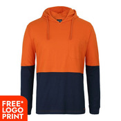 Mens Hi Vis Long Sleeve Cotton Tee with Hood